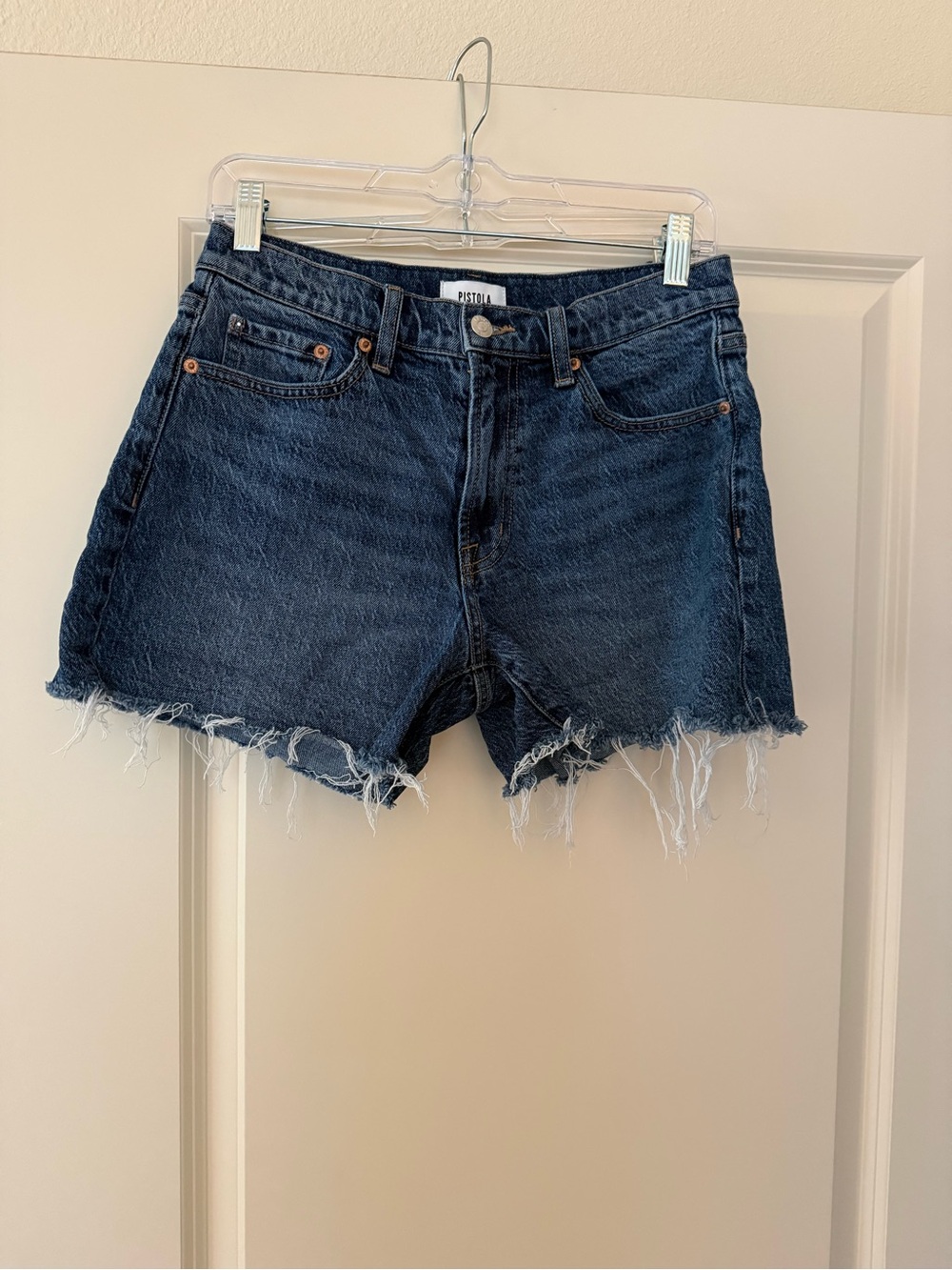 pistola Navy Frayed Hem Denim Cutoff Shorts